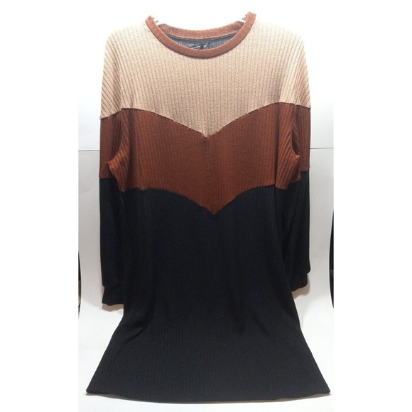 Tri Colorblock Long Sleeve Shift Dress 0XL Tan Brown Black Ribbed - Picture 1 of 6